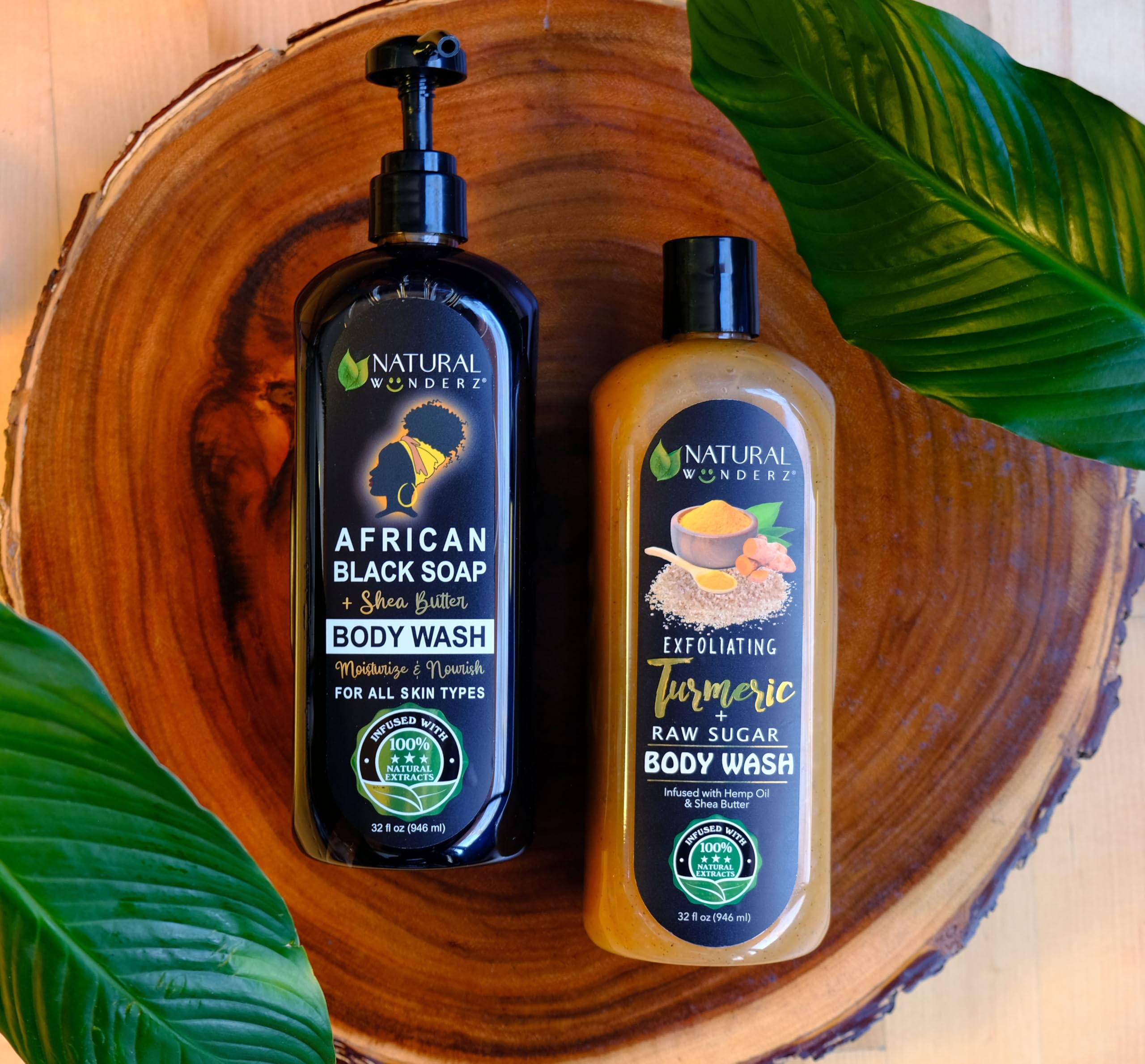 Natural Wunderz Body Wash with Turmeric and Raw Sugar, 32 Fl Oz, Exfoliating Gentle Cleanser and Shower Gel for all skin types, Vegan, Sulfate Free, and Cruelty Free Body Scrub